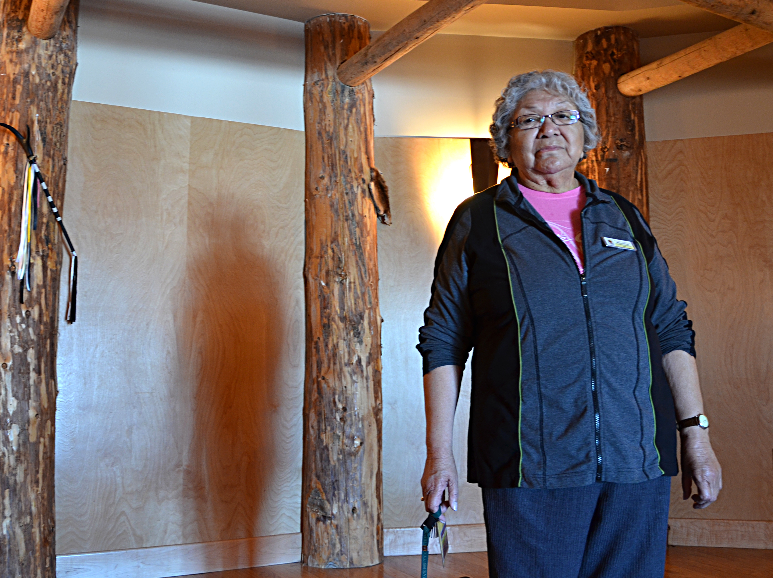 Elder Margart Keewatin stands in the ceremony room at the All Nations Healing Hospital in Fort Qu'Appelle. In this room, she performs traditional Cree ceremonies for patients and the surrounding community. Photo by Aaron Stuckel
